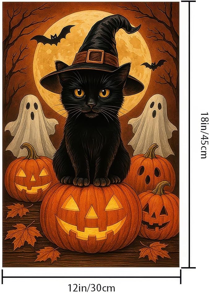 Garden Flags 12x18 Inch Halloween Black Cat Garden Flag Witch Hat Pumpkin Ghosts Double-Sided Spooky Fall Yard Decorations for Outdoor Porch Lawn Welcome Sign Holiday Banner