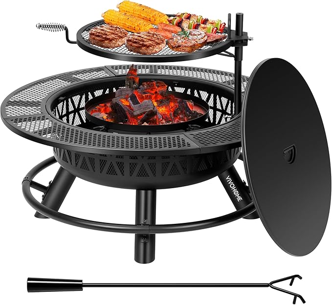 VIVOHOME 35 Inch Fire Pit with Cooking Grill Grate & Charcoal Pan, 3-in-1 Wood Burning Firepits with Cover Lid, Metal Table for Backyard Bonfire BBQ Outdoor Camping Picnic