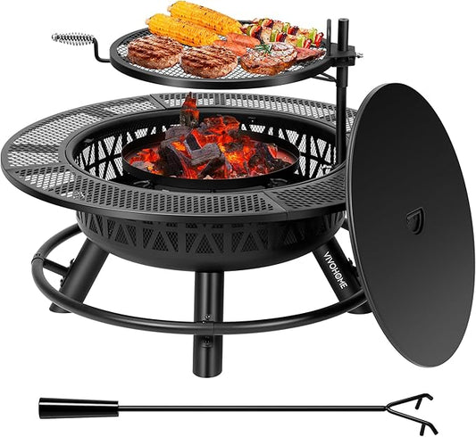 VIVOHOME 35 Inch Fire Pit with Cooking Grill Grate & Charcoal Pan, 3-in-1 Wood Burning Firepits with Cover Lid, Metal Table for Backyard Bonfire BBQ Outdoor Camping Picnic