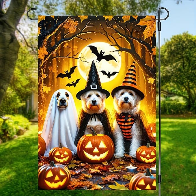 Halloween Ghost Dog Garden Flag Scary Pumpkin Cute Dogs Trio in Witch and Ghost Garden Flag Vertical Double Sided 12x18 Inch Welcome Yard Flag for Halloween Farmhouse Holiday Yard Outdoor