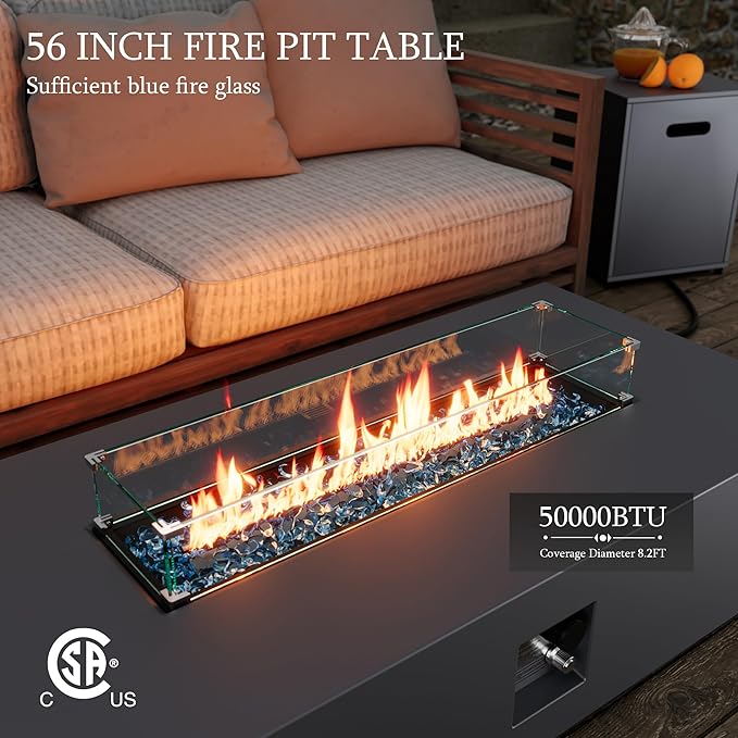 UPHA 56-inch Outdoor Propane Gas Fire Pit Table 50000 BTU Iron Rectangle Firepit for Outside Patio with Tank Hidden Table, Wind Guard, Removable Lid, Blue Glass Rocks, Rain Cover, Dark Grey