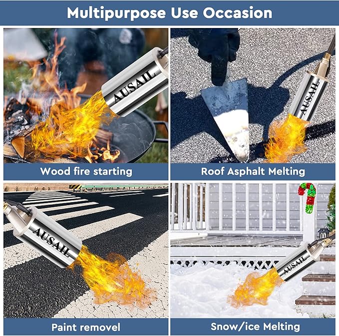 Propane Torch Weed Burner with Storage Bag,Blow Torch,Heavy Duty,High Heat Output,Flamethrower with Turbo Trigger Push Button Igniter and 10 FT Hose for Roof Asphalt,Ice Snow,Road Marking(Silver)