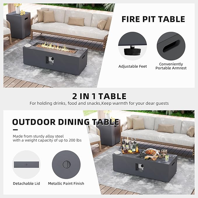 UPHA 42-inch Outdoor Propane Gas Fire Pit Table 50000 BTU Iron Rectangle Firepit for Outside Patio with Tank Hidden Table, Removable Lid, Gold Glass Rocks, Rain Cover, Dark Grey