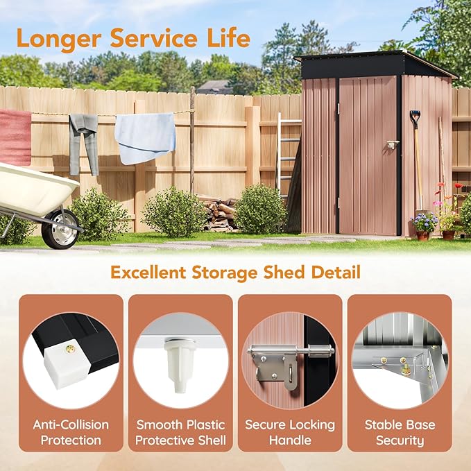 5X3X6.1 FT Garden Storage Shed with Frame Floor,Steel Tool Shed with Lockable Door, Anti-Corrosion Metal Shed for Backyard Patio Lawn (Light Wood Grain)