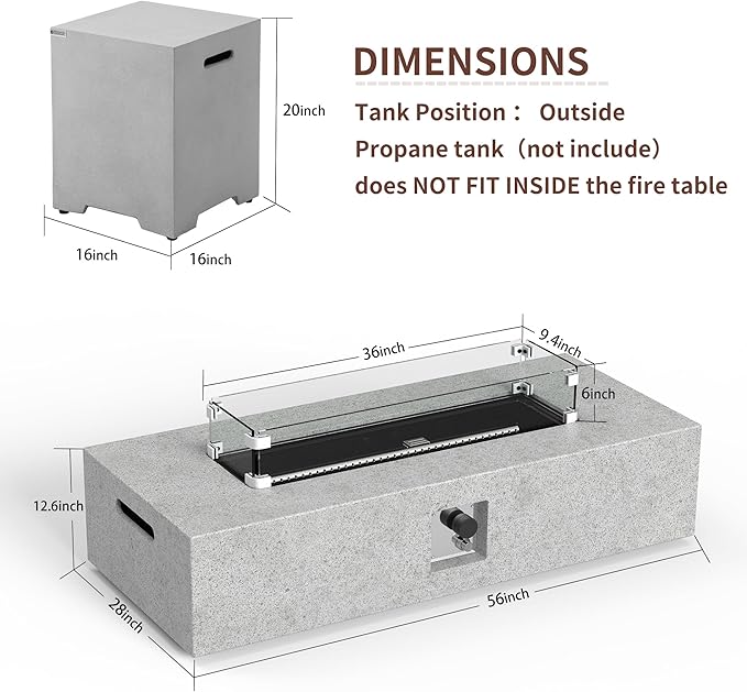 NAGA HABNA 56 Inch Propane Fire Pit Table, Rectangle Outdoor Fire Table w Tank Table (50,000 BTU), 3 Piece Gas Fire Pit w Glass Wind Guard & Lava Rocks for Garden, Pool, Backyard