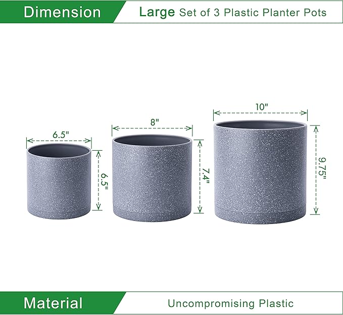 D'vine Dev 6.5 Inch 8 Inch 10 Inch, Set of 3 Plastic Planter Pots for Plants with Drainage Hole and Seamless Saucer, Speckled Gray Color, Large, 74-V-G-4