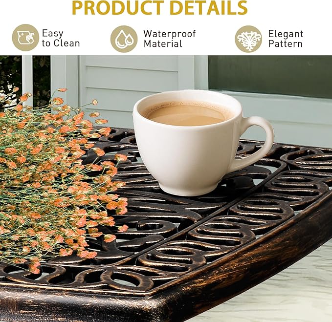 Outvita Patio Side Table, 21.3in Outdoor Square Cast Aluminum Bistro Table with Umbrella Hole and Antique Design for Backyard Porch Pool Balcony Deck Bronze