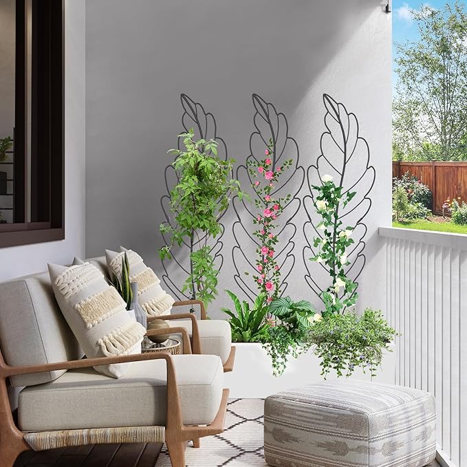 SUNYRISY 3Pack Leaf Metal Garden Trellis for Climbing Plants Outdoor, Metal Plant Trellis for Flowers Tomato Cucumber Rose Vegetable Support Garden Decoration, Black