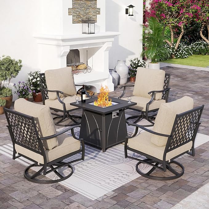 Patio Furniture Set with Firepit Table, 5 Piece Metal Outdoor Patio Furniture set for 4, 4 Swivel Chairs with 5.75" Extra Thick Cushion and Gas Firepit Table for Backyard Poolside Deck