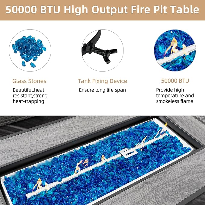 JAMFLY Propane Fire Pit Table 45 Inch, 50,000 BTU Outdoor Gas Firepit Table for Outside Patio with Glass Wind Guard, Blue Glass Rocks,Waterproof Cover, Gray