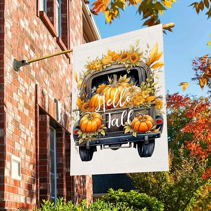 Hello Fall Pumpkin Truck House Flag 28x40 Double Sided, Autumn Thanksgiving Large Garden Flags for Outside, Holiday Seasonal Yard Flag Outdoor Decorations for Home