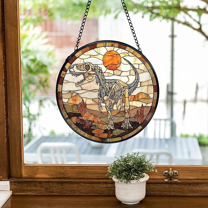 TNUW Dinosaur Skeleton Stained Glass Window Hanging, Prehistoric Dino Fossil Sunset Landscape SunCatchers Indoor Window Glass Round Wall Art Decor, Dinosaur Wall Hanging Decorations, 7.9＂x7.9＂