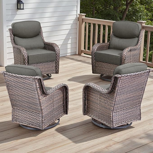 4 Piece Outdoor Patio Swivel Rocker Chairs, Waterproof Wicker, High Back, Deep Seating, Wide Armrest, Upgraded 6 inch Thick Cushions, Ideal for Deck Porch Backyard, Brown/Grey