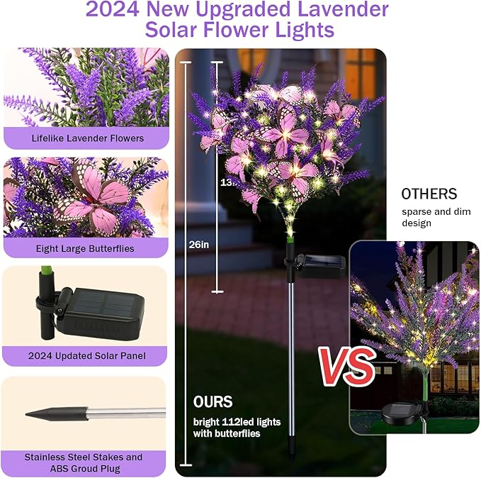 Kohlrabi Solar Garden Lights Outdoor, 4 Pack Purple Lavender Solar Butterfly Lights Gardening Gifts for Women, Artificial Flower with Butterfly Purple Garden Decor for Lawn Patio-Warm White