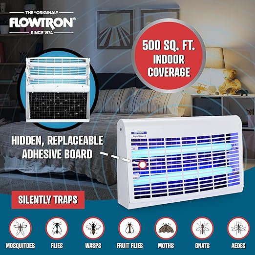 Flowtron Portable Indoor Fly Trap| Electric Insect Killer for Flies & Gnats with Dual Lure Method 30W UV Light & Pheromone Attractant | Sticky Strips, 500 Sq Ft for House & Restaurants