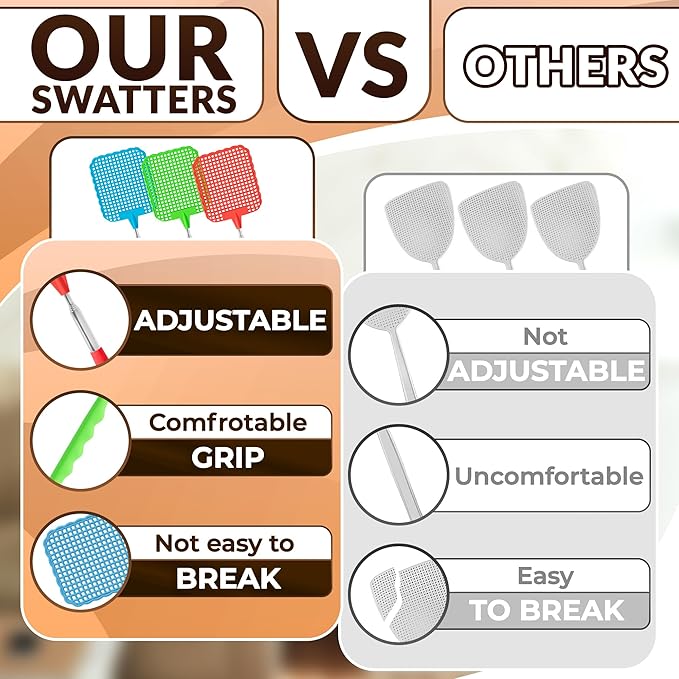 3 Pcs Fly Swatter for Indoors – 28.6" Telescoping Handle, Stainless Steel, Flexible Bug & Mosquitoes Fly Swatters, Bright Colors FlySwatter Heavy Duty for Kitchen & Home