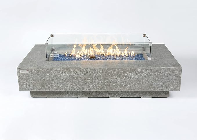 Elementi+ | Riviera Gas Fire Pit Cast Concrete 60" Rectangular Fire Table, Outdoor Fire Pit Electronic Ignition | Canvas Cover, Fire Glass and Burner Lid Included | Light Gray | Propane Gas