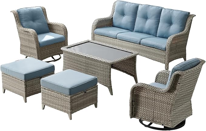 Wicker Outdoor Conversation Set-6 Pieces Outdoor Wicker High Back Couch with Swivel Rocker Chairs Patio Furniture for Deck Poolside Backyard-Light Grey/Light Blue