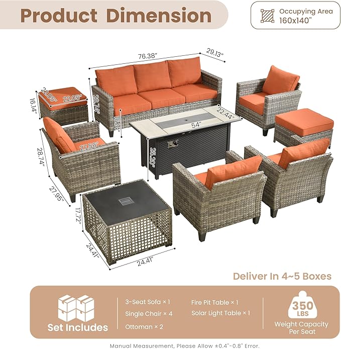 HOOOWOOO Outdoor Patio Furniture Set,9 Pieces Wicker Conversation Set,All Weather Couch Set with Fire Pit Solar Light Table Chairs Ottoman 9 Seaters for Out Door Yard(Brick Red)