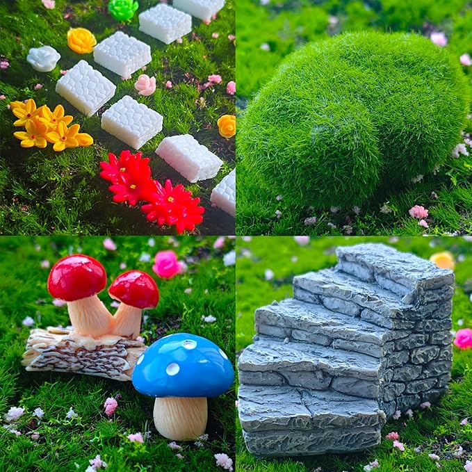 Kai Dream Fairy Garden Accessories, Fairy Garden Kit, 118 Pieces of Miniature Decor: Mushrooms, Bridge, Steps, Moss, Furniture Figurines, Fake Fence, Flowers, and Blue Crystal Gravel