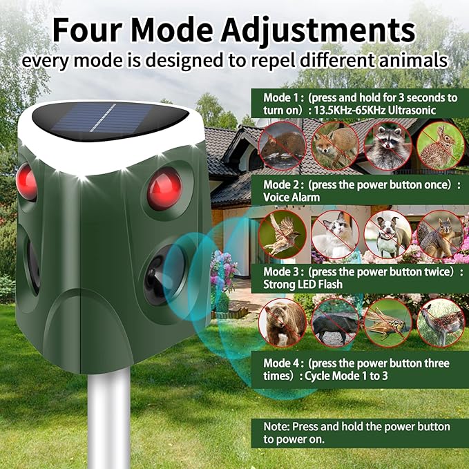 Solar Ultrasonic Animal Repeller, 360° Cat Repellent Outdoor Deer Deterrent Device with 3-Side Motion Activated Flashing Lights,Solar Powered Dog Repellent for Cat Dogs Bird Skunk Rabbit Squirrels