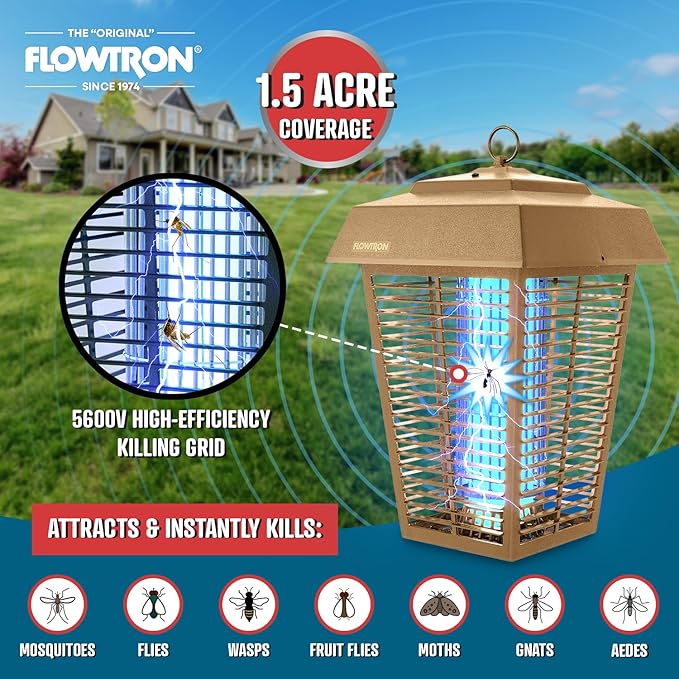 Flowtron Bug Zapper, 1-1/2 Acre of Outdoor Coverage with Powerful 80W Bulb & 5600V Instant Killing Grid, Electric Insect, Fly & Mosquito Zapper, Made in The USA, UL Certified - Tan Color