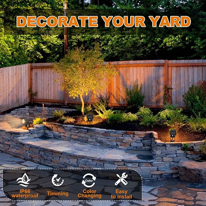 Halloween Outdoor SpotLights with Timer, 10W IP65 Waterproof Metal Landscape Lights Remote Colored Spot Lights RGB Color Changing Spotlight for Outdoor Yard Garden Lawn(2 Lights)