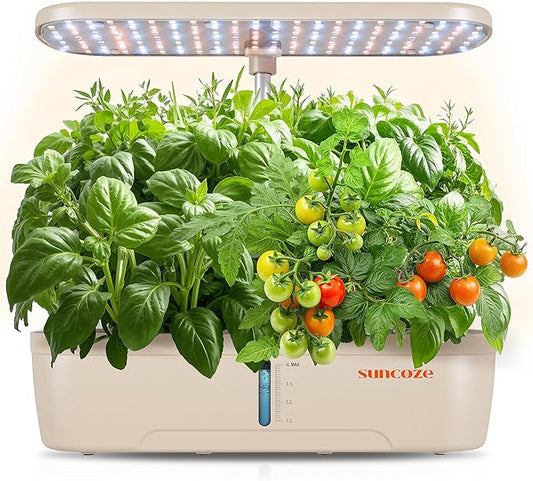SUNCOZE Hydroponics Growing System Kit 12 Pods, Indoor herb Garden with 20W LED Grow Light, Visible Water Tank with Pump, 2.2"-12.4" Adjustable Height Indoor Gardening System, Gardening Gifts, Beige