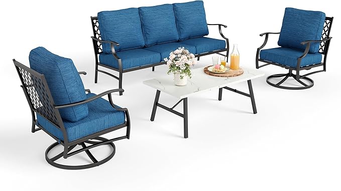 Patio Furniture Set 4 pcs, Metal Outdoor Patio Furniture, 3-Seat Sofa, 2 Swivel Chairs, Coffee Table and 5.75" Extra Thick Cushion, Conversation Set for Backyard Deck, Gemstone Blue