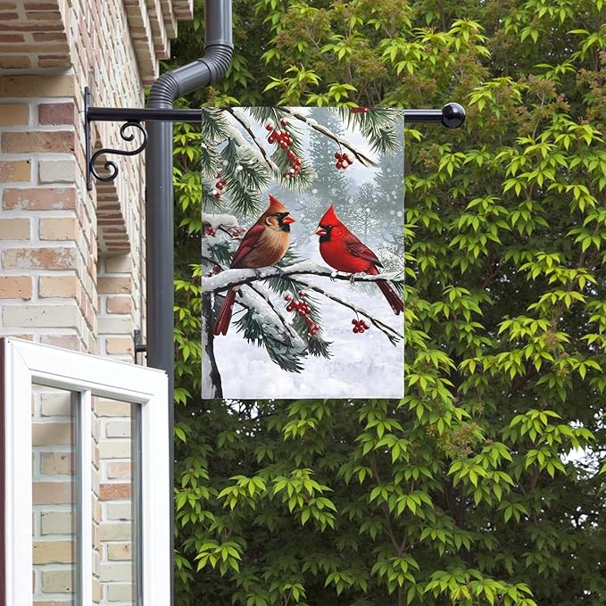 Winter Cardinal Bird Garden Flag Red Bird Pine Twigs Yard Flag Double Sided Polyester Holly Berry Snow Seasonal House Banner for Outdoor Farmhouse Christma Holiday Decor 28 x 40 Inch