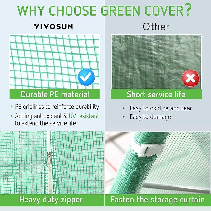 VIVOSUN 20x10x7 Ft. Large Walk in Greenhouse, Greenhouse Tunnel, Garden Plant Hot House with Green PE Cover, Roll-up Zipper Door and Window for Outdoor