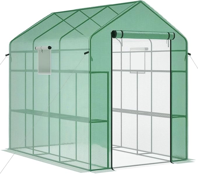 Outsunny 7' x 5' x 6' Walk-in Greenhouse for Outdoors with Mesh Door and Windows, 18 Shelf Hot House with Trellis, Plant Labels, UV Protective for Growing Flowers, Herbs, Vegetables, Saplings, Green