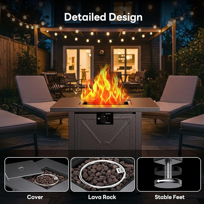28 Inch Propane Fire Pit Table, 3-in-1 Multi-Use 50,000 BTU Square Gas Fire Pit with Lid & Lava Rock, Steel Tabletop, Adjustable Flame, for Patio, Backyard, Deck, Outdoor Gatherings