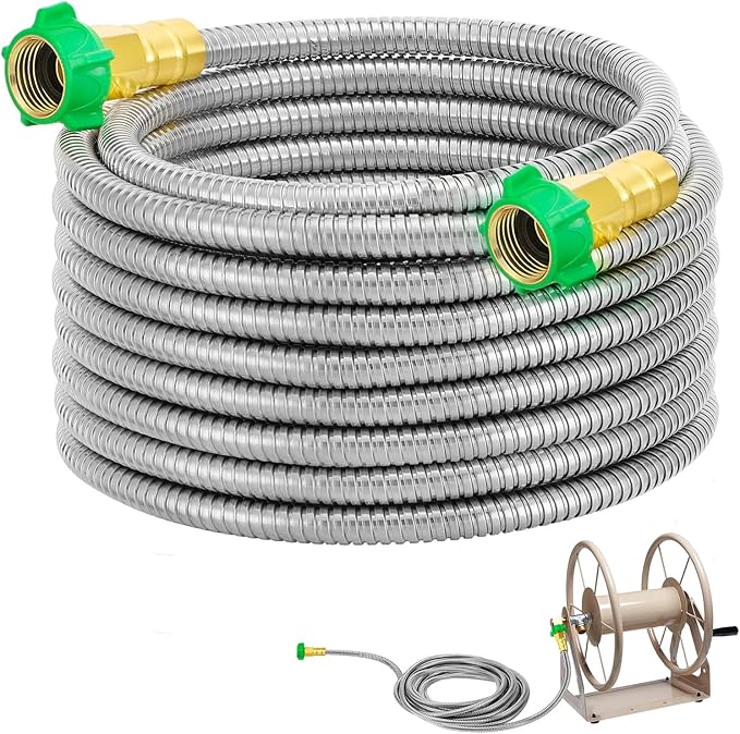 Garden Hose with Female to Female Connector - 25ft Metal Leakproof Leader Hose for Reel, Heavy Duty 304 Stainless Steel Flexible Water Pipe for Outdoor Garden Watering Car Pet Cleaning