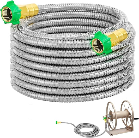 Garden Hose with Female to Female Connector - 25ft Metal Leakproof Leader Hose for Reel, Heavy Duty 304 Stainless Steel Flexible Water Pipe for Outdoor Garden Watering Car Pet Cleaning