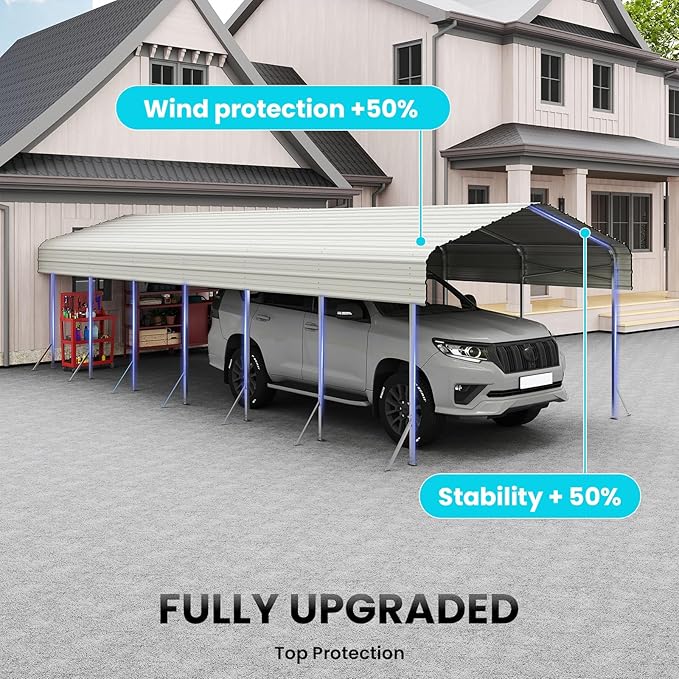 14x30' Heavy Duty Metal Carport – Sturdy Structure, All-Weather Protection, Easy Assembly for Cars, Trucks, Boats, Tractors, and Outdoor Storage (White, 14x30FT)