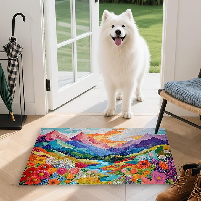 Colorful Mountain Flowers Indoor Outdoor Rugs,Modern Abstract Doormat Outside Entrance,Non-Slip Welcome Mat Indoor Felt Floor Mat for Back Door Patio, Porch,Home Entryway,30 x 17 Inch