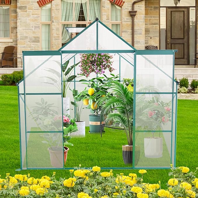 8X8 FT Greenhouses for Outdoors,Polycarbonate Greenhouse, Aluminum Heavy Duty Walk-in Green Houses, Adjustable Roof, Raised Base and Double Sliding Door for Outside Backyard, Green