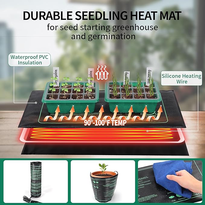 4-Pack Seed Starter Tray with Grow Light and Heat Mat, 48 Cells Seed Starter Kit with Adjustable Humidity Dome and Base, Germination Kit for Seed Growing Plant Propagation