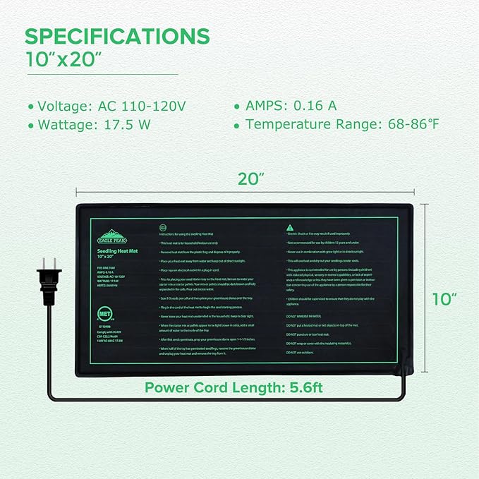 EAGLE PEAK Waterproof Seedling Heat Mat 10" x 20", UL & MET-Certified Heating Pad for Seed Starting, Germination, and Hydroponic Gardening, Includes (1) Warming Mat