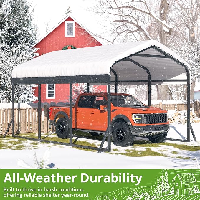 Carport 10x15 FT Metal Carport with Reinforced Base Outdoor Heavy Duty Garage Galvanized Car Shelter for Pickup, Boat, Car and Tractors