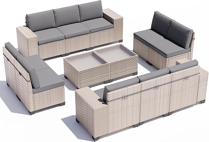 12 Pieces Patio Furniture Set, Outdoor Sectional Wicker Sofa with Thickened Cushions and Coffee Table, High Back Rattan Patio Conversation Sets for Garden Backyard, Grey