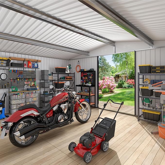 WKM 12x14 FT Outdoor Storage Shed, Utility Metal Tool Storage with Lockable Doors and Updated Frame Structure, Large Metal Garden Shed for Backyard, Patio Lawn, White