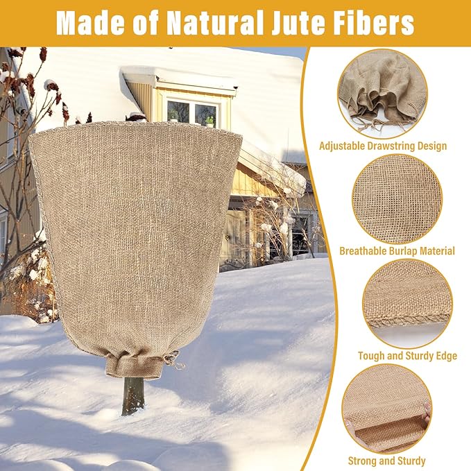 Riare 4 Packs 32 × 40 Inch Burlap Winter Plant Cover Bags with Drawstring- Reusable Large Burlap Sack Plant Frost Protector, Plant Frost Cloth Cold Tree Freeze Blanket for Outdoor Plants Fruit Shrubs