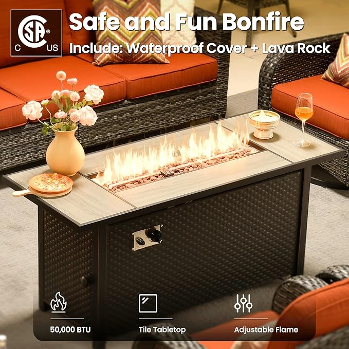 ovios 9 Pieces Patio Furniture Set, Outdoor Wicker Sofa Couch with Rocking Swivel Chairs Fire Pit Table, Modern Deep Seat Rattan Conversation Sets for Porch Deck, Orange Red