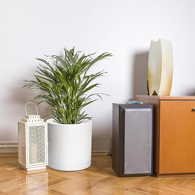 D'vine Dev 12 Inch 14 Inch 16 Inch, Set of 3 Plastic Planter Pots for Plants with Drainage Hole and Seamless Saucers, White Color, XXX-Large, 74-V-A-7