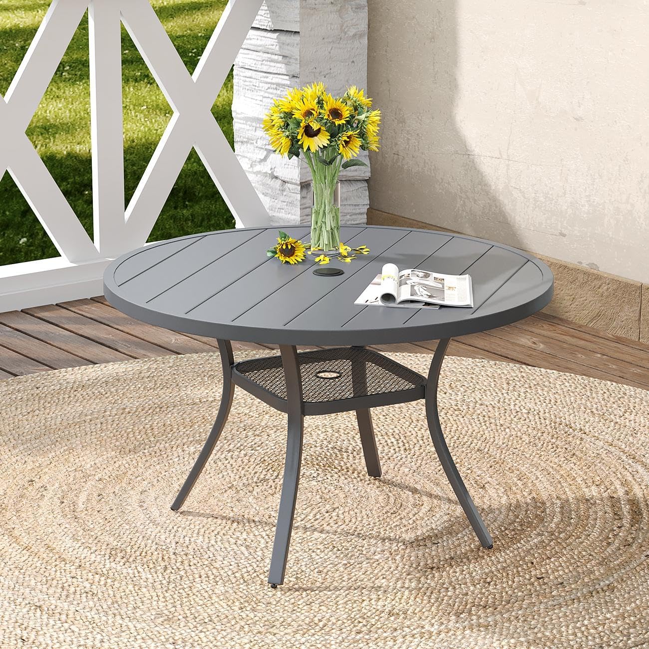 DIFY Outdoor Dining Table for 4, Round Patio Table with Umbrella Hole for Garden, Backyard and Porch (Dark Grey)