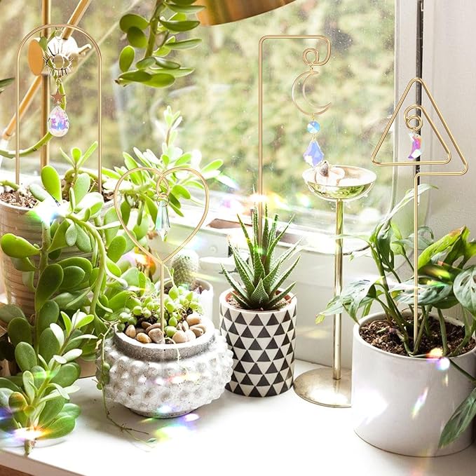 Small Trellis for Potted Plants Indoor with Colorful Crystal Sun Catcher, 14.17 Inch Metal Plant Lattice for Mini Potted Plant Decoration for Home Window Garden 4 Pack