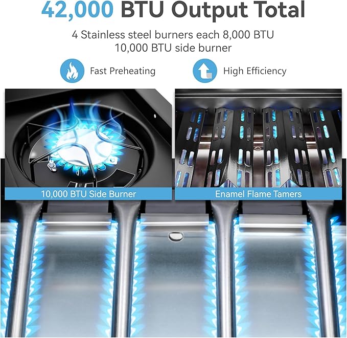 GREEN PARTY 4 Burner BBQ Propane Gas Grill with Side Burner & Porcelain-Enameled Cast Iron Grates, 545 SQIN Grilling Area 42,000 BTUs Barbecue Grill for Outdoor Cooking Garden Patio Backyard, Blue