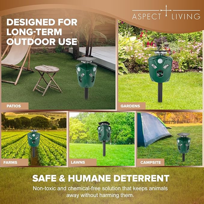 360° Ultrasonic Animal Repeller Outdoor – Solar & USB Powered with 3 PIR Motion Sensors & 6 Flashing Lights, Waterproof Cat, Deer, Raccoon, Dog & Rabbit Deterrent for Yard & Garden